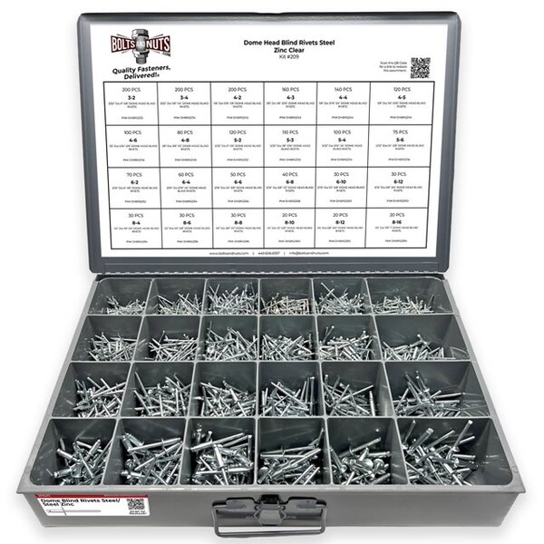 Boltsandnuts.Com Dome Head Blind Pop Rivets Steel/Steel Mandrel Zinc Clear Assortment - 2036 PCS Assortment Kit #209 - main